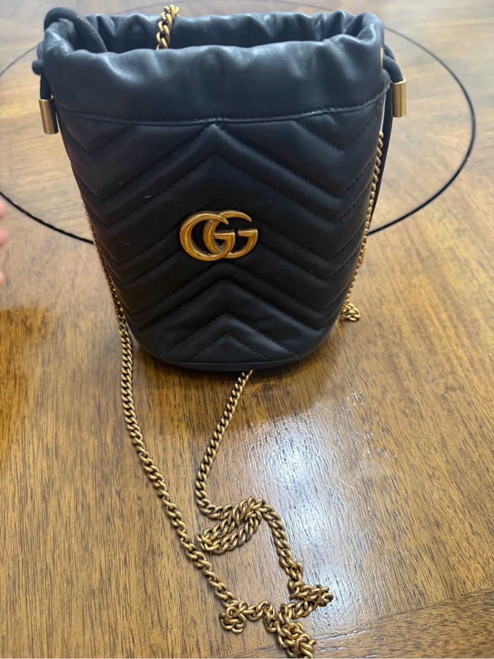 Gucci Black Mini GG Chevron Bucket Bag with Gold Chain